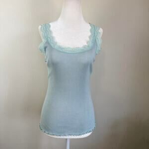 Vtg 2005 Victoria's Secret L Baby blue lace trim cotton cami tank top